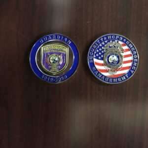 Two police badges sitting on top of a wooden table.