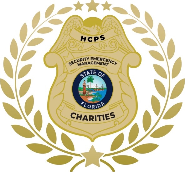 A gold badge with the words " hcps security emergency management " on it.